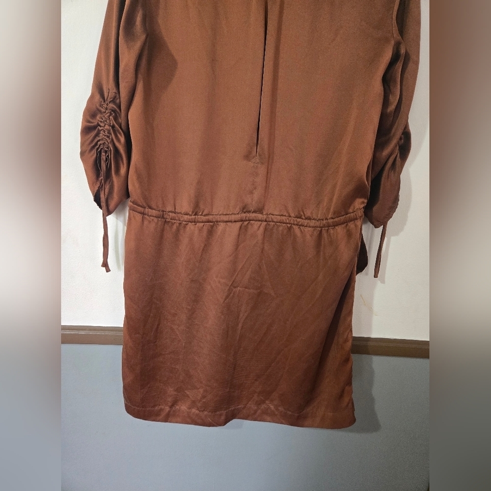 Ann Taylor 100% Silk Shirt Dress Brown Women's Size 8 With 3/4 Cinched Sleeves - Picture 7 of 8
